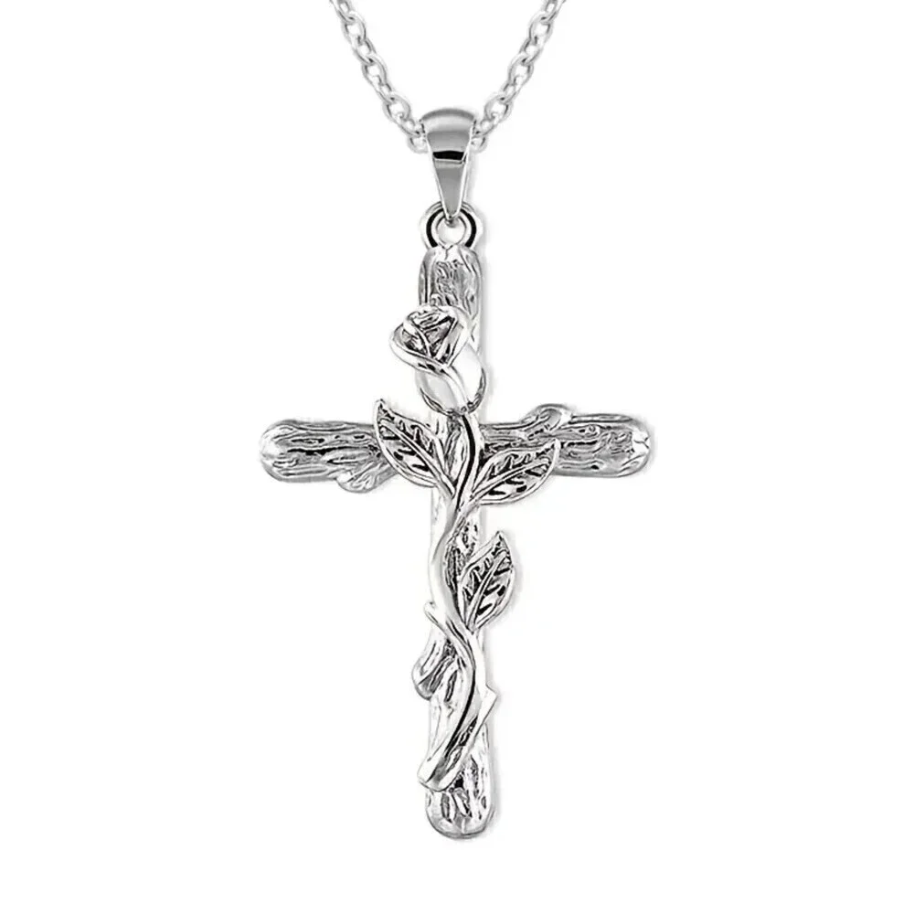 NWT - Cross Pendant with Silver Rose and Silver Toned 20